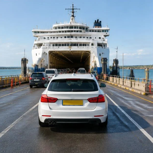 AI-generated illustration: White estate car waiting in ferry departure lanes beside a large white ferry in daylight.