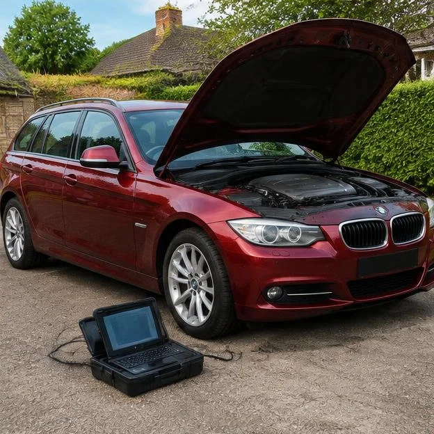 AI-generated illustration: Stationary dark red diesel estate car on a driveway with bonnet open and diagnostic case nearby.