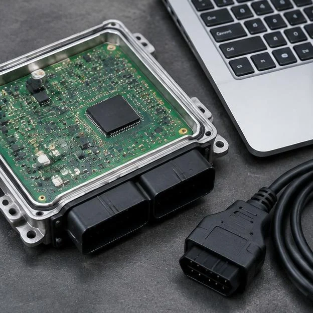 AI-generated illustration: Close-up of silver automotive ECU circuit board housing beside laptop keyboard and vehicle connector.