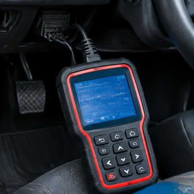 AI-generated illustration: Handheld automotive diagnostic scanner with abstract non-readable display connected inside a car.