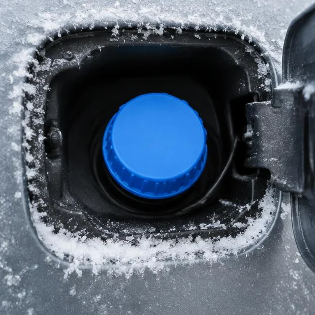 AI-generated illustration: Blue AdBlue filler cap on a diesel vehicle surrounded by light frost and snow outdoors.