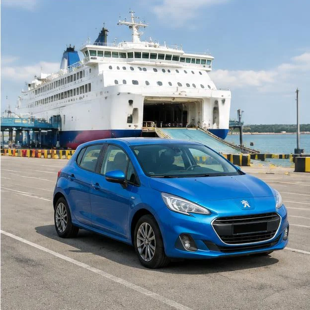 AI-generated illustration: Small blue hatchback parked safely at a ferry terminal with visible large ferry behind.