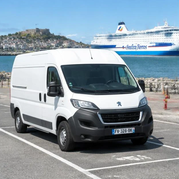 AI-generated illustration: White Peugeot Boxer van in a French port parking area with large ferry in distance.