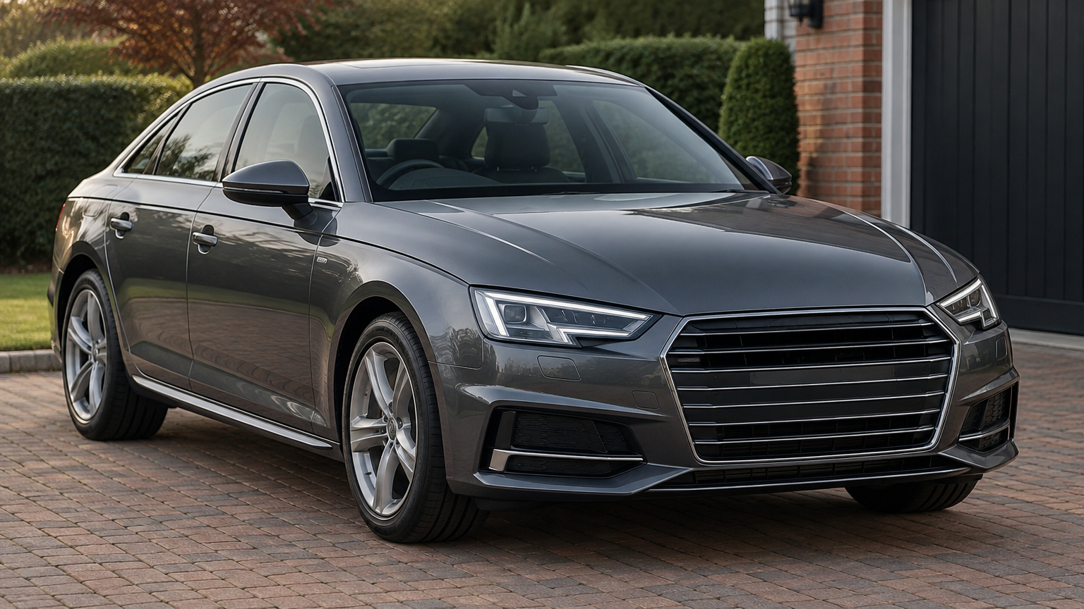 Illustrative grey Audi A4 saloon parked on a brick-paved UK driveway in natural daylight.