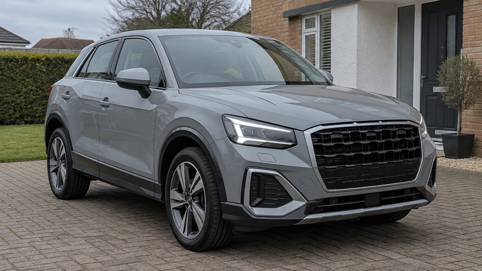 Illustrative grey Audi Q2 parked on a UK driveway in natural daylight.