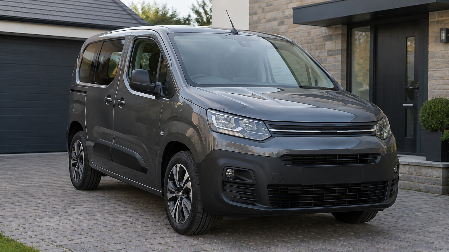 Illustrative grey Citroën Berlingo van parked on a UK driveway in natural daylight.