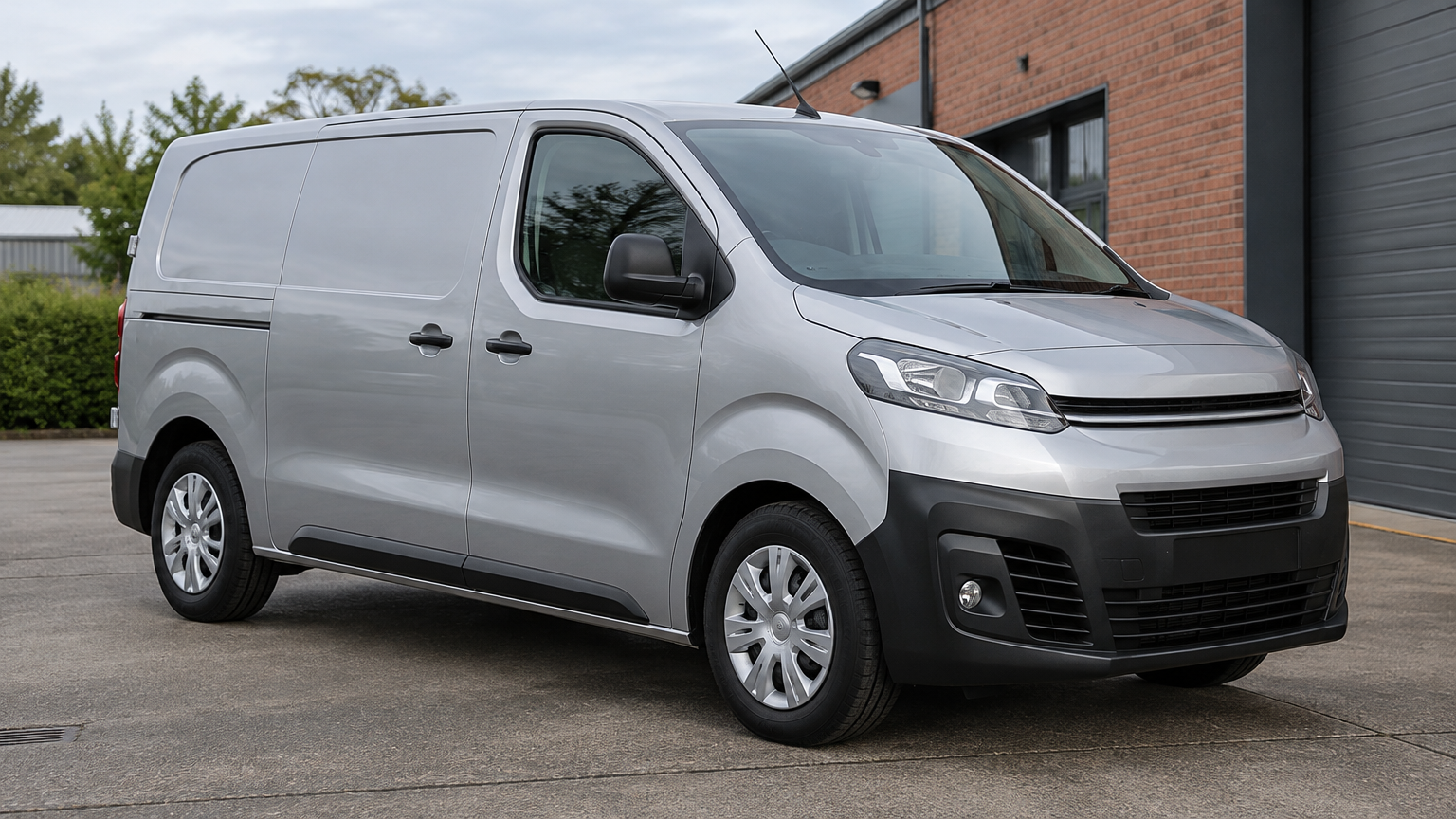 Illustrative silver Citroen Dispatch panel van parked in a brick business yard in daylight.