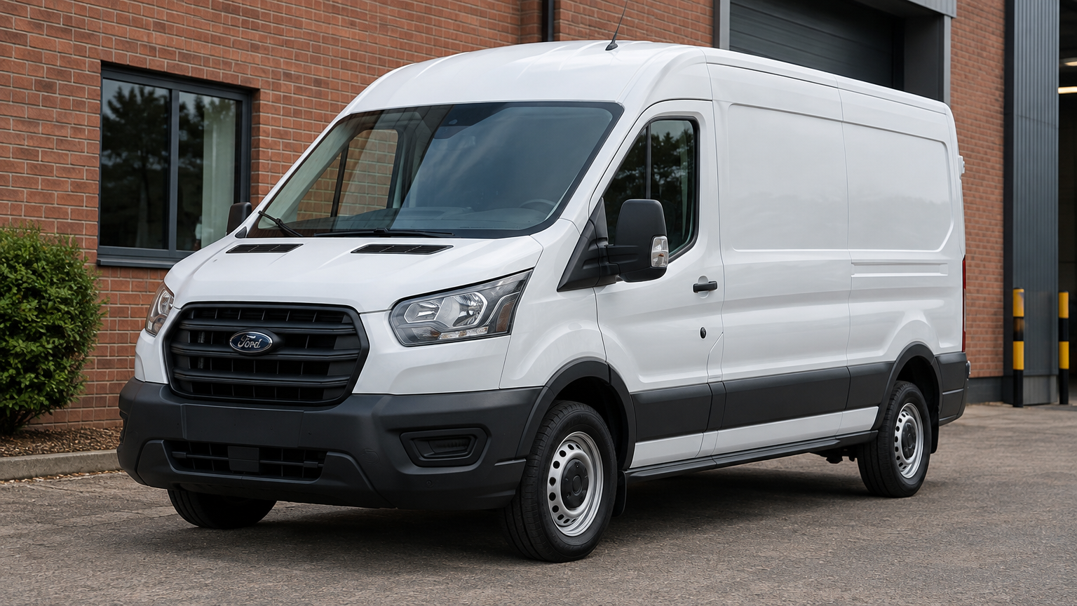 Illustrative white Ford Transit panel van parked beside a brick building in a UK business yard.