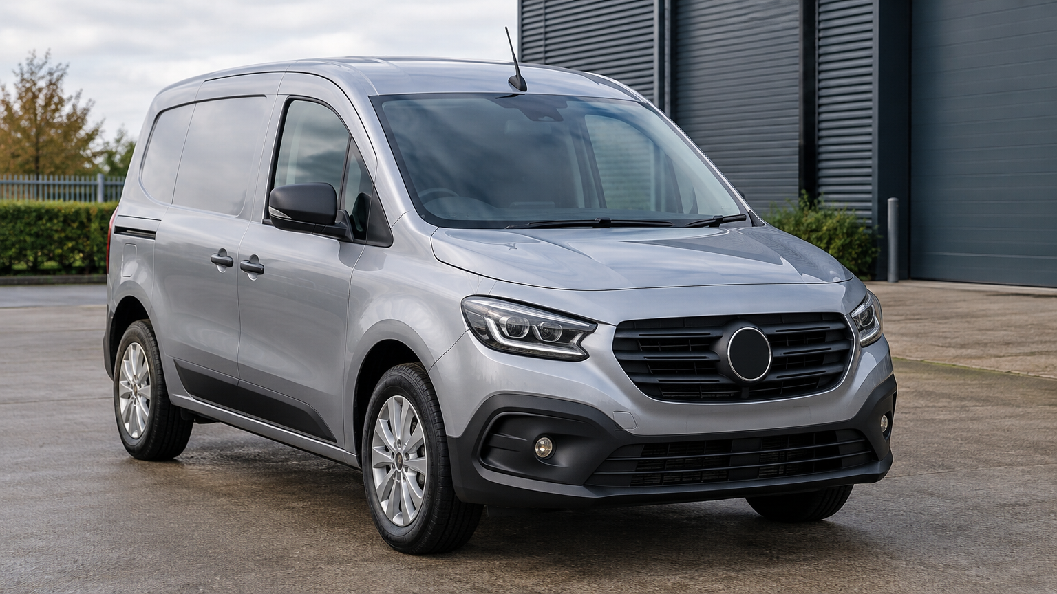 Illustrative silver second-generation Mercedes-Benz Citan parked in a UK business yard in daylight.