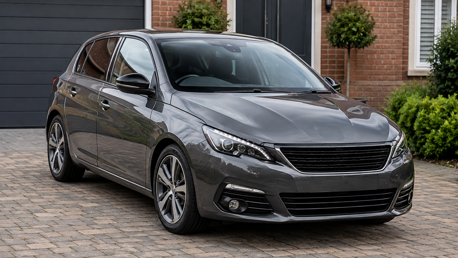 Illustrative Peugeot 308 hatchback parked on a UK driveway in natural daylight.
