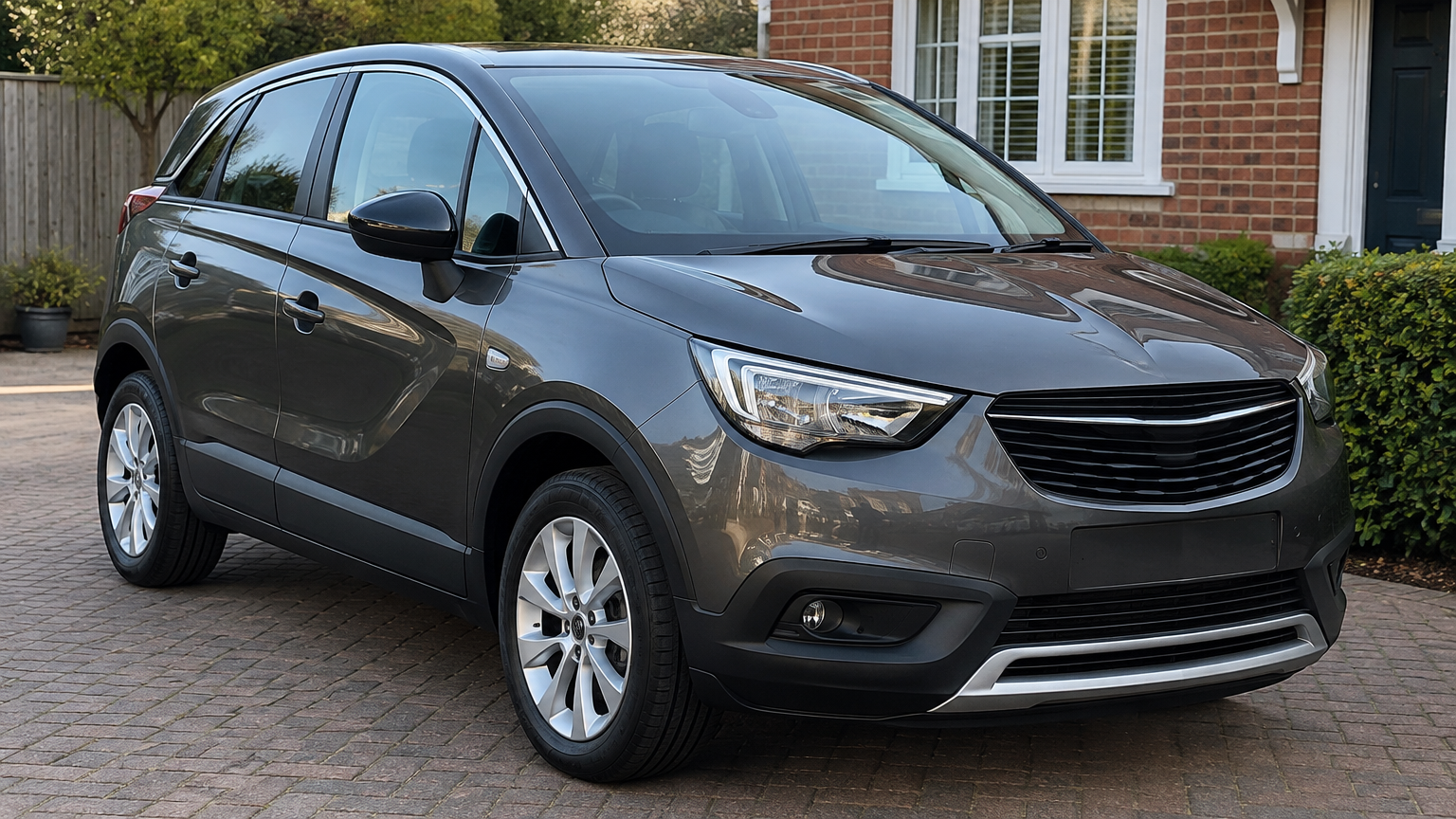 Illustrative photograph of a Vauxhall Crossland X parked on a UK driveway in natural daylight.