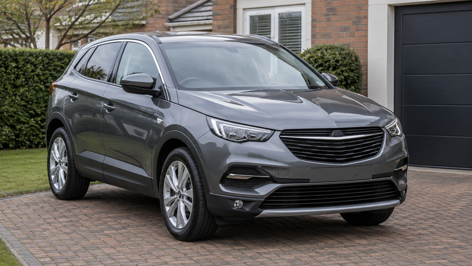 Illustrative photograph of a grey Vauxhall Grandland X parked on a British residential driveway.