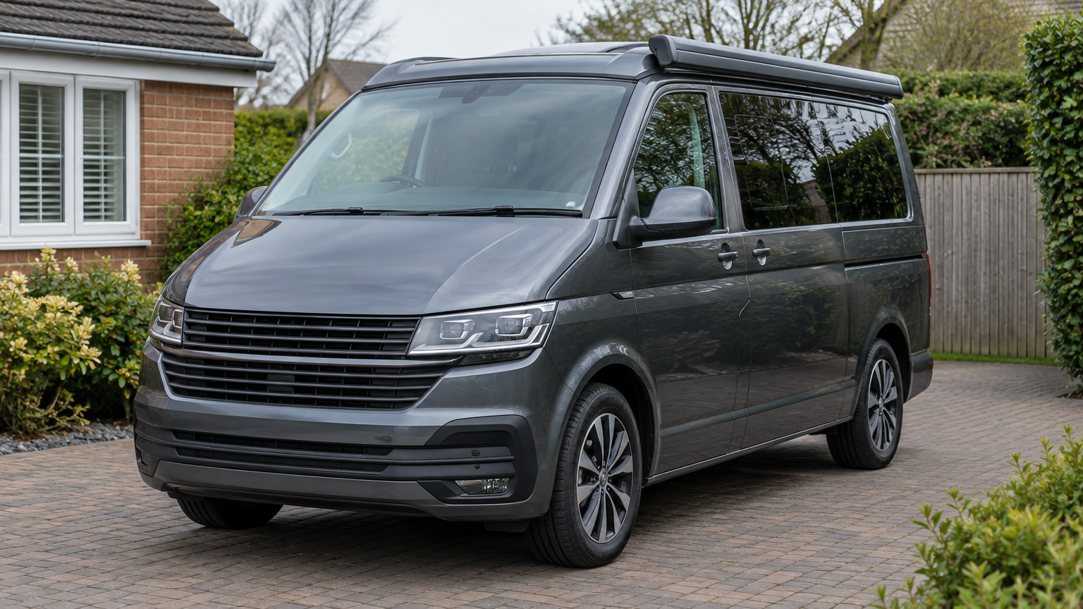 Illustrative Volkswagen California T6.1 campervan parked on a UK driveway in natural daylight.