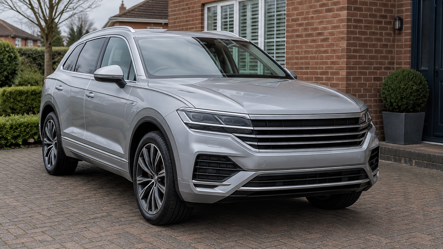 Illustrative silver Volkswagen Touareg parked on a UK driveway in natural daylight.