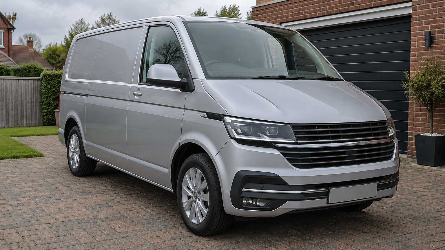 Illustrative silver Volkswagen Transporter T6.1 parked on a UK driveway in natural daylight.